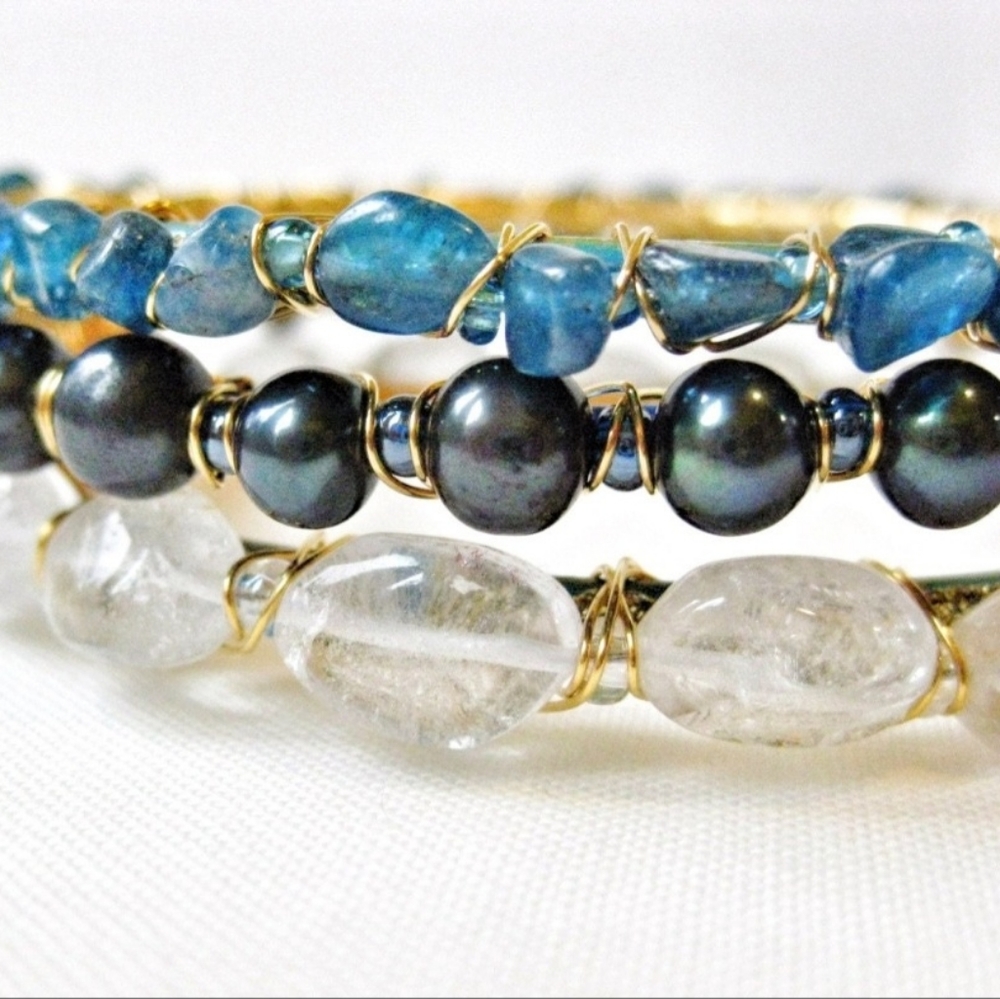 NEW quartz, pearl and apatite gemstone stacking bracelet